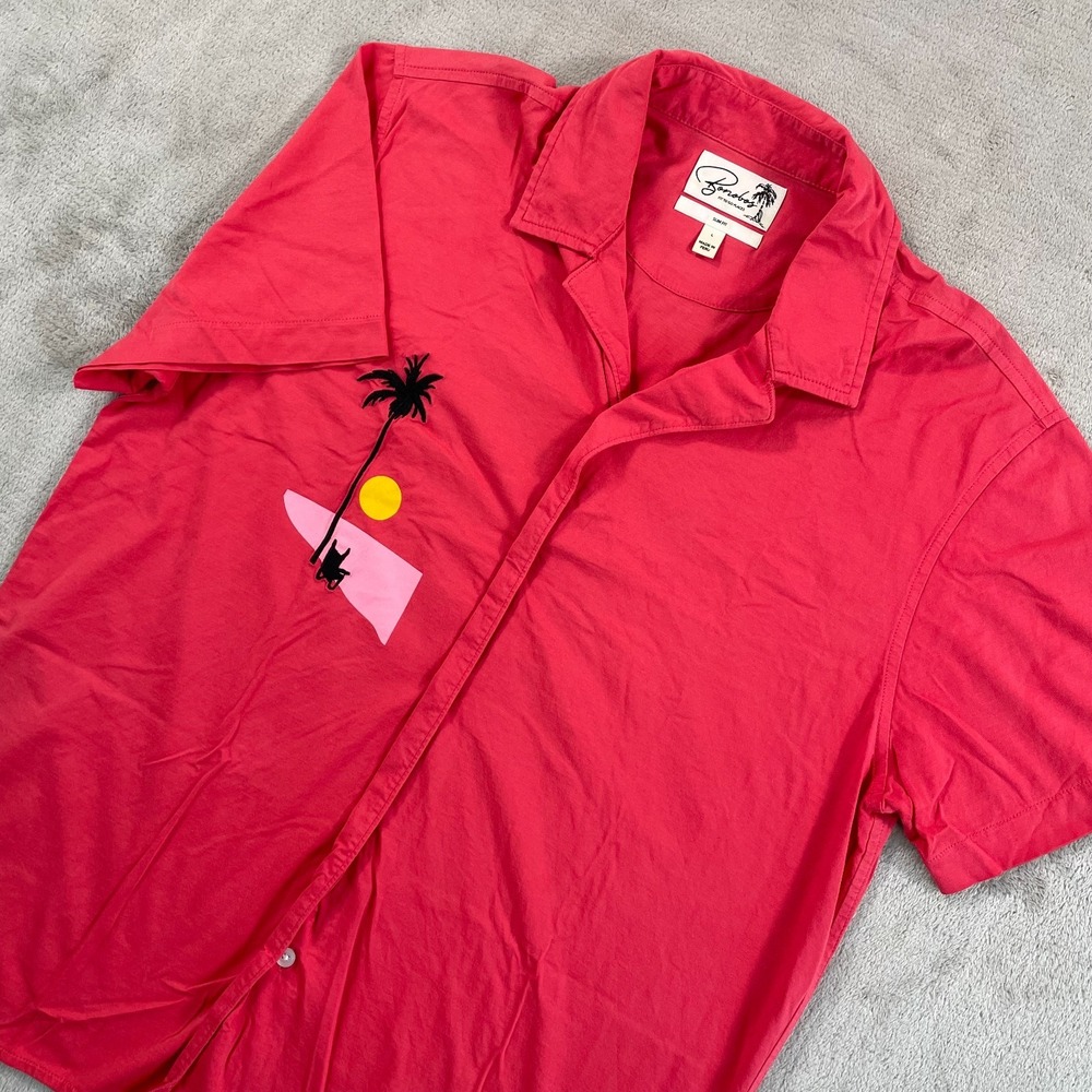 Bonobos Camp Shirt Men Large Red Slim Fit Fit to Go Places Short Sleeve Vacation